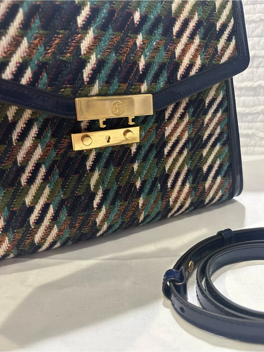 Tory Burch Miller Riding Boot & Purse Navy/Green Dogtooth Tweed Size 7 (SET)
